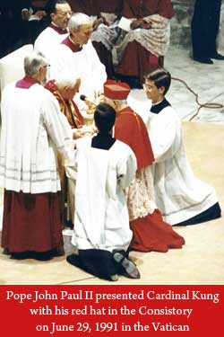 Pope John Paul II presented Cardinal Kung with his red hat in the Consistory